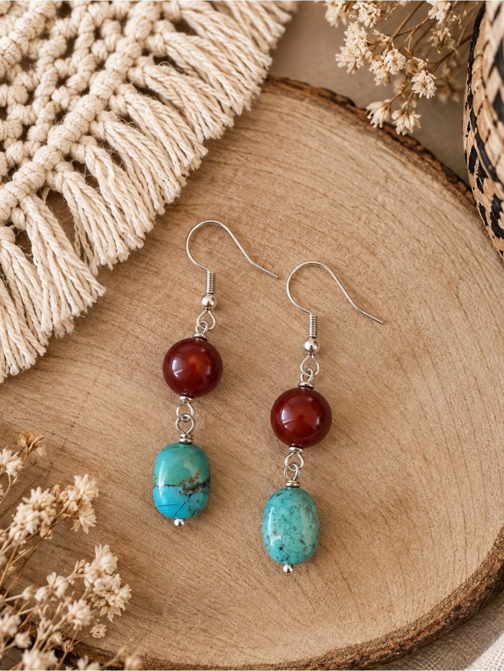 Sterling Silver Kingman Turquoise & Carnelian Dangle Earrings Handmade